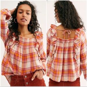 NWT Free People Plaid Ruffle Blouse Medium